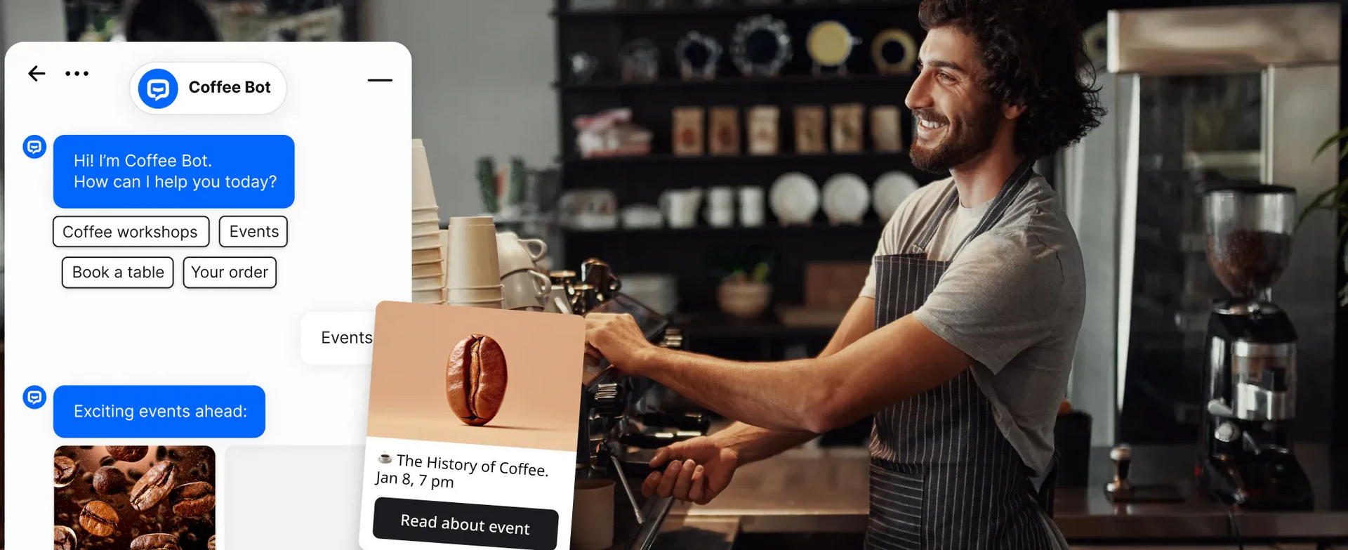 Coffee shop owner smiling while handing a takeaway cup beside a mobile order screen