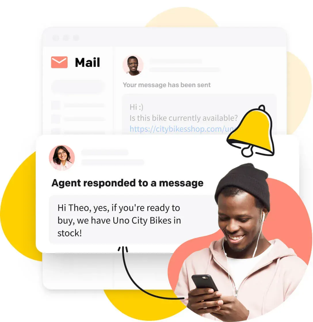 Mail and message app UI with chat bubbles, yellow bell icon, and a person smiling at a phone on a colorful background