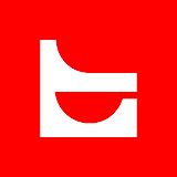 White abstract logo on a red square background