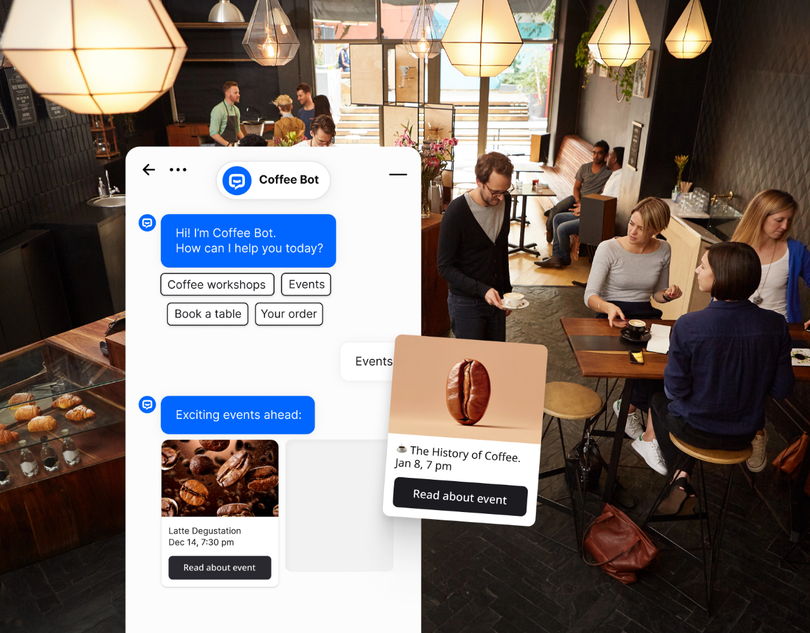 Smartphone mockup over a café scene showing a chat and food-ordering app interface