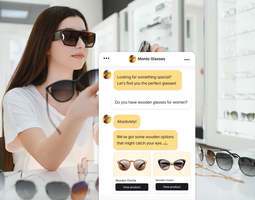 Woman in sunglasses shopping for eyewear online, browsing product cards on a phone screen.