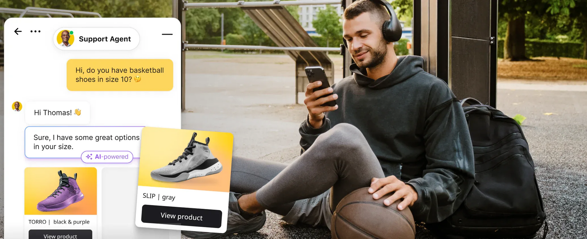 Man sitting outdoors on a bench using a smartphone beside floating shopping app screens with sneaker listings