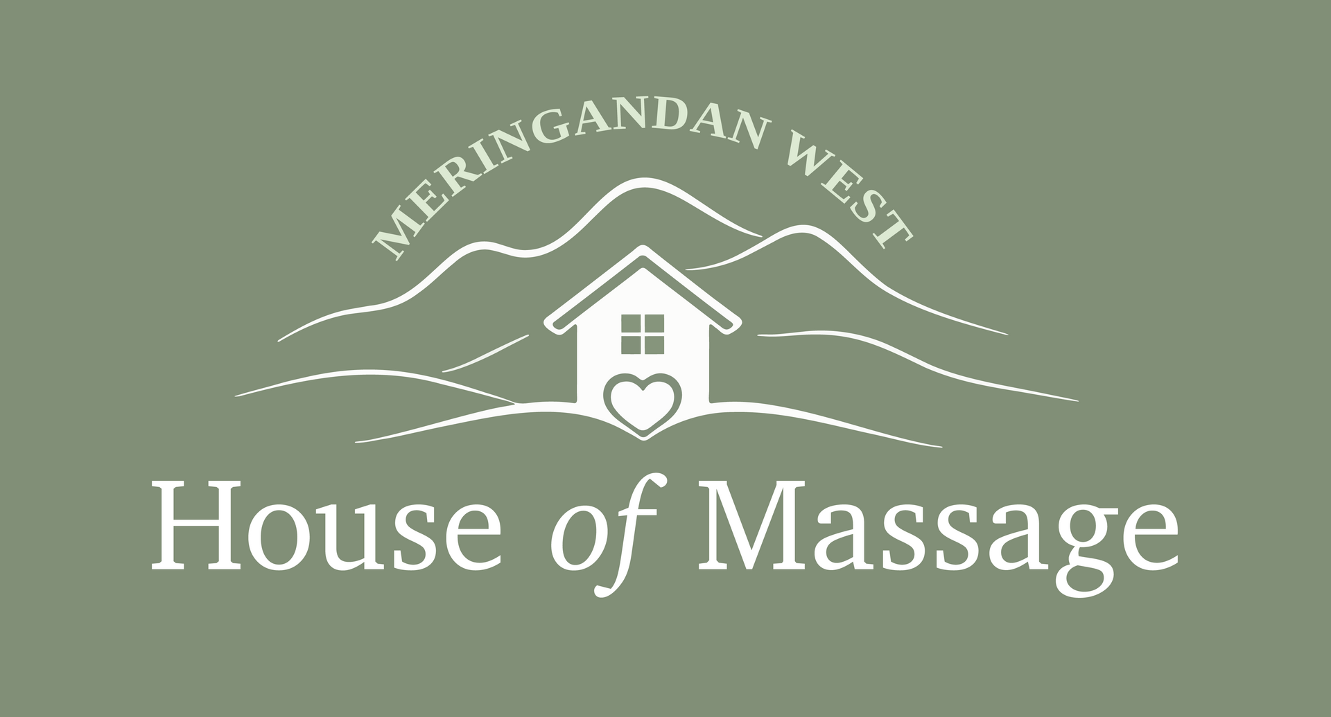 House of Massage logo with house icon, heart, and &ldquo;Meringandan West&rdquo; on olive green background