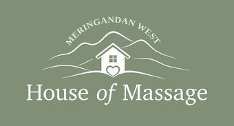 House of Massage logo with house icon, heart, and &ldquo;Meringandan West&rdquo; on olive green background