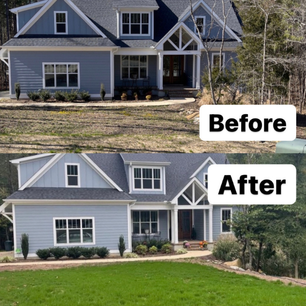 A before and after of the front of a house where the after picture has a very green lawn