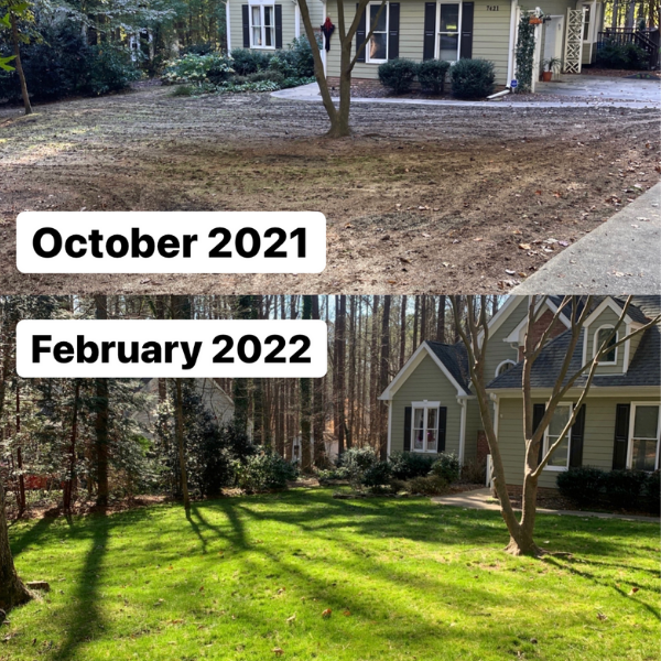 A before and after of the front of a house where the after picture has a very green lawn. October 2021 vs February 2022