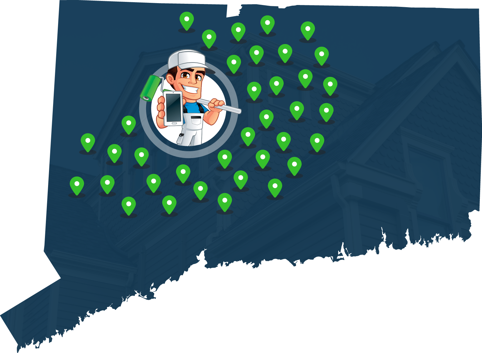 A navy blue map of CT showing where Painters in CT is located and the areas they serve