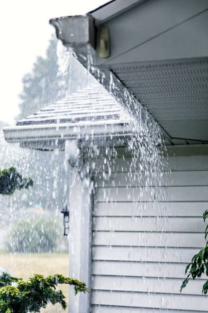 Rain is falling from the roof of a house