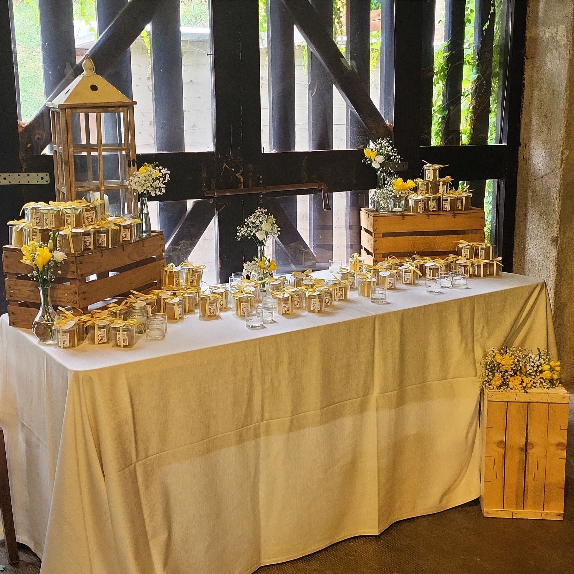table full of small boxes with participants' names on them