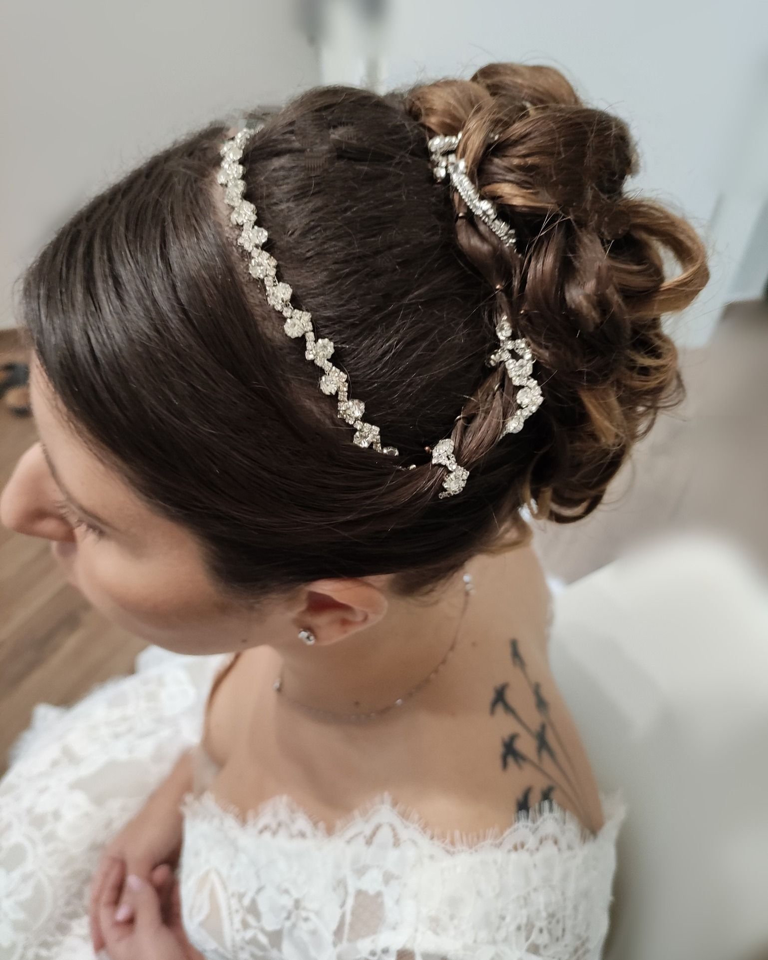 woman wearing a wedding dress and a headband