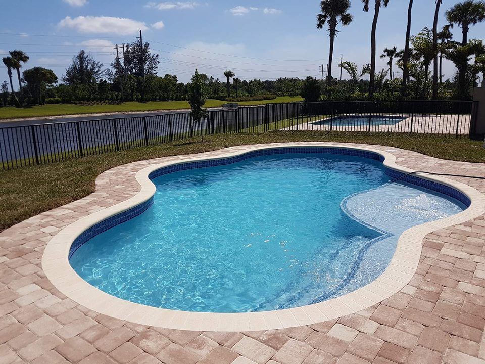 Swimming pool with blue water and surrounding brick patio. Palm trees and a fence are in the background.