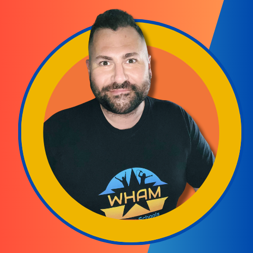 Mark (Founder of WHAM Theatre Schools) wearing a wham t-shirt