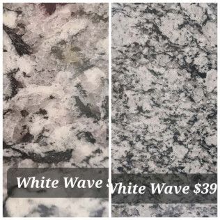 Two granite countertop samples labeled White Wave, shown side by side.