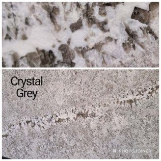 Crystal Grey stone texture sample with white and gray mottled pattern and label text