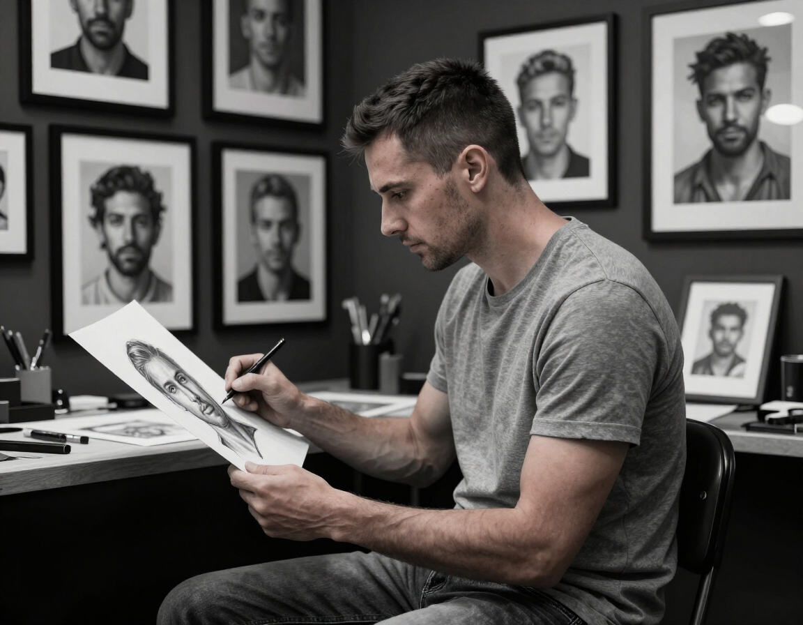 Artist sketching a portrait in a studio with framed headshots on the wall