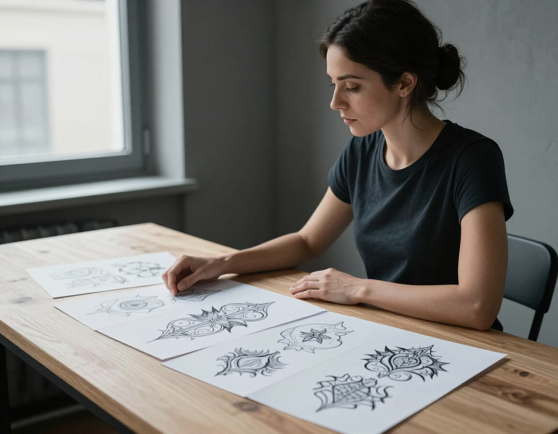 Person sketching floral designs on large paper at a wooden table by a window.