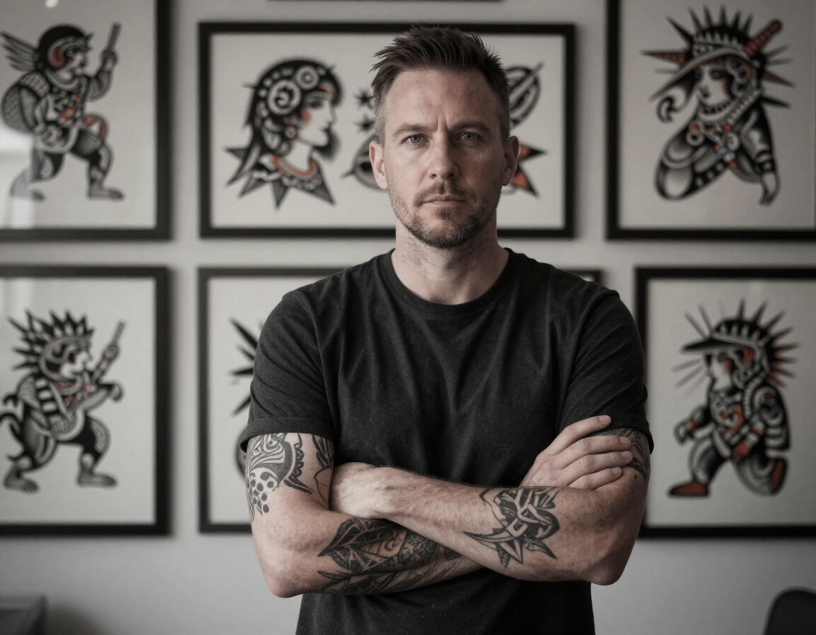 Tattooed man in a black T-shirt stands with arms crossed in front of framed tattoo art