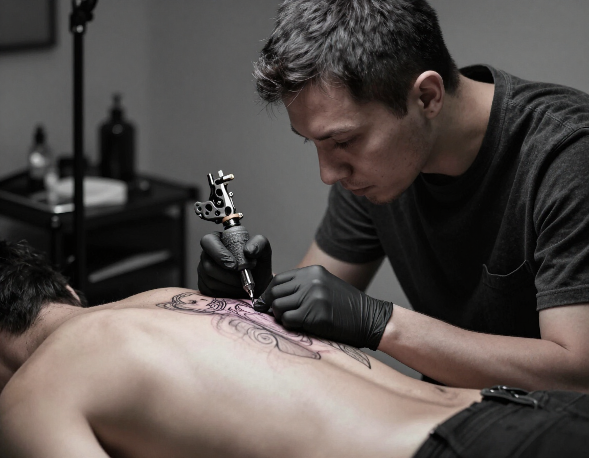 Tattoo artist in black gloves tattooing a person’s back in a dim studio