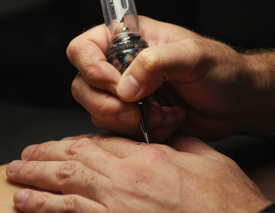 Hands holding a tattoo machine inking skin close-up
