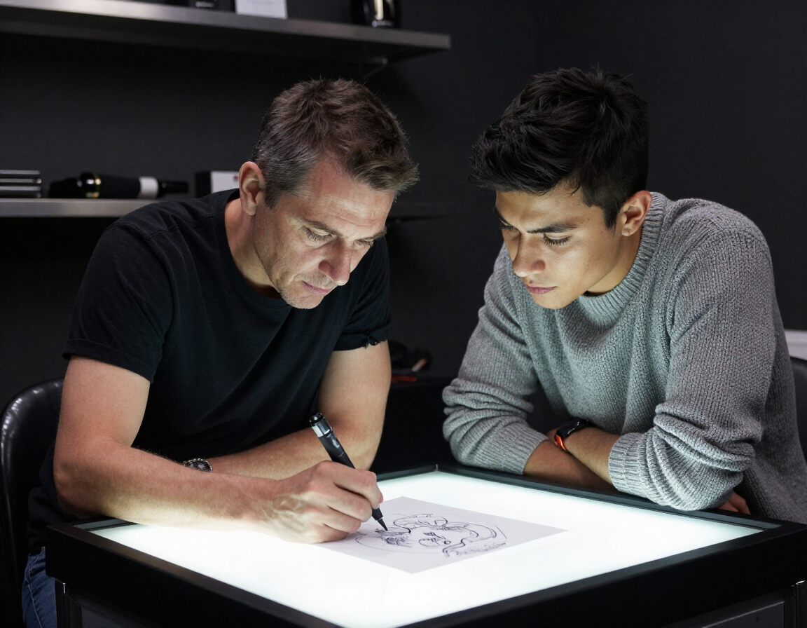 Two people lean over a glowing table, sketching on paper in a dark room.