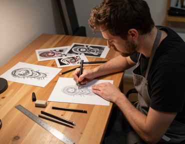 Man sketching a design on paper at a wooden desk with pencils and reference drawings nearby