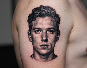 Black-and-gray tattoo portrait of a man's face on skin, with a serious expression.