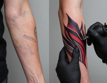 Before-and-after tattoo sleeve transformation on a forearm, with black and red geometric design being applied