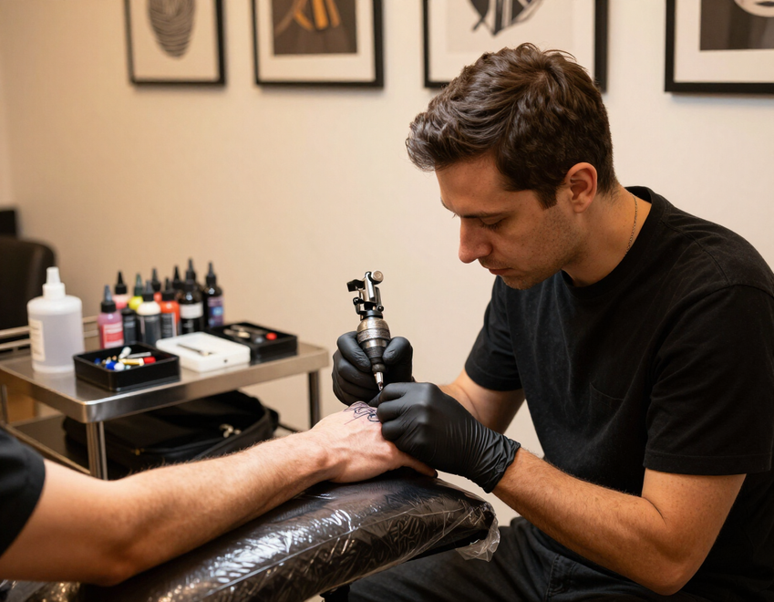 Tattoo artist in black gloves tattooing a client’s arm in a studio