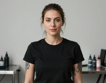 Woman in black T-shirt standing in a studio with tattooed arms and blurred bottles on shelves behind her