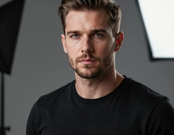 Studio portrait of a man in a black shirt against a gray background