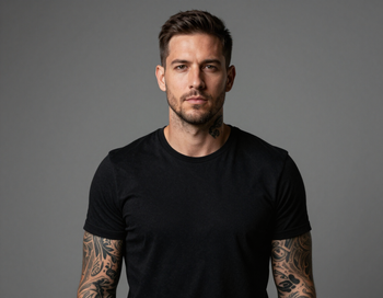 Man in a black T-shirt standing against a gray background, with tattooed arms and a neutral expression