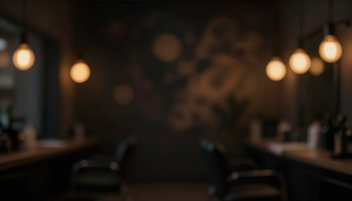 Dimly lit restaurant with hanging pendant lights and empty tables along a central aisle