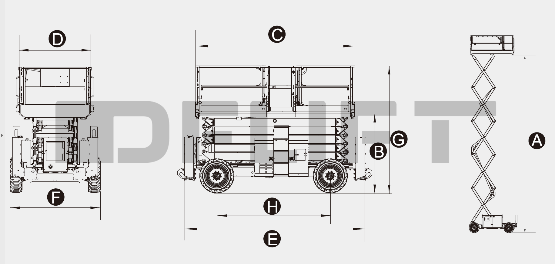 Technical line drawing of a scissor lift with labeled dimensions and front, side, and top views