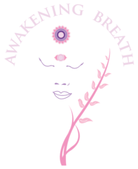 Logo: Face with closed eyes, a third eye, and a crown chakra, with a plant stem; text "Awakening Breath".