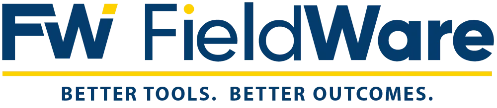 FW FieldWare logo with text “Better tools. Better outcomes.” Blue text, yellow line.