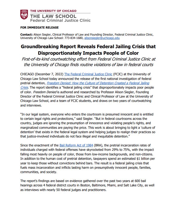Press release from University of Chicago Law School about federal jailing disproportionately impacting people of color.