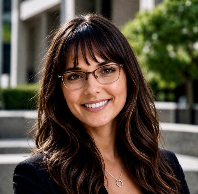 Smiling woman with glasses and long dark hair outdoors in front of a building