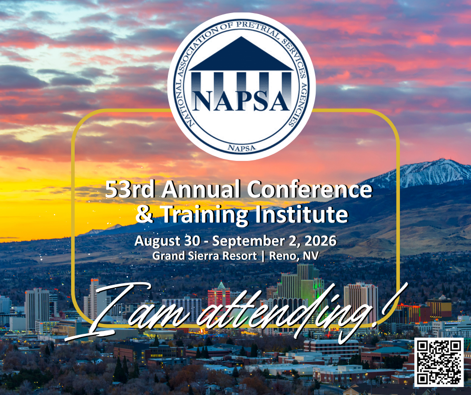 NAPSA 53rd Annual Conference & Training Institute poster with sunset city skyline and QR code