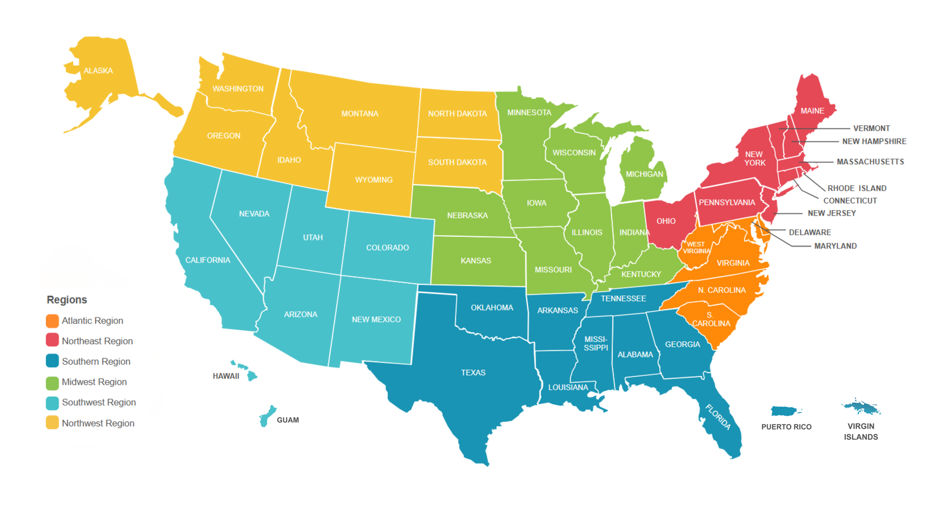 Map of the United States divided into NAPSA regions: Northeast (red), Atlantic (orange) South (blue), Midwest (green), Southwest (aqua), and Northwest (yellow).