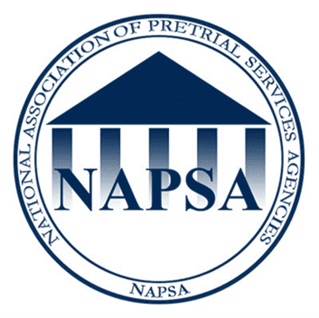 Logo of National Association of Pretrial Services Agencies: blue building design inside a circle  and text around it.
