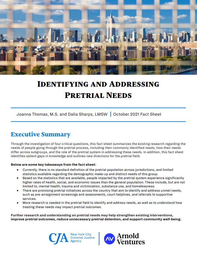 Report on pretrial needs; city skyline behind a chain-link fence.