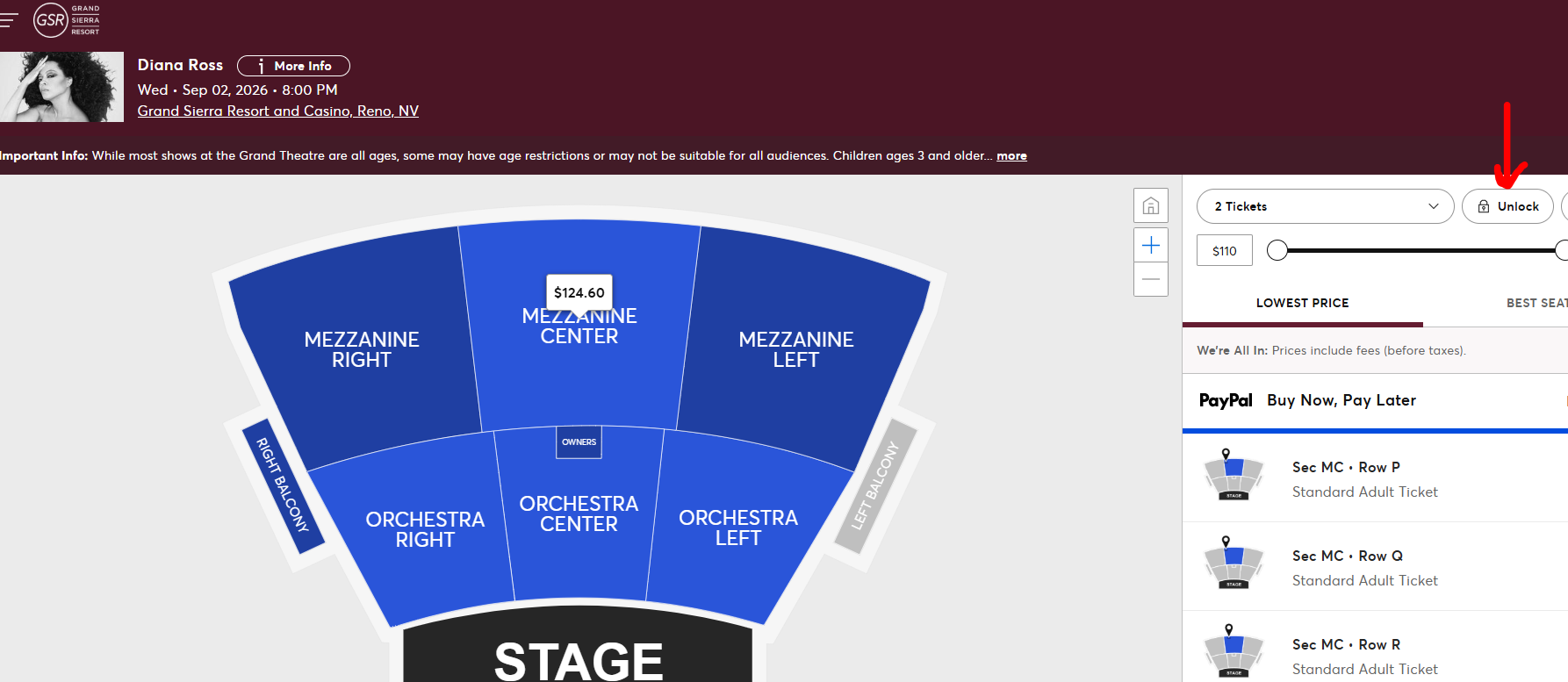 Concert seating map with blue sections around a stage and a highlighted right-side menu panel