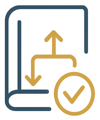 Book with up and down arrows and a check mark, indicating knowledge transfer and approval.