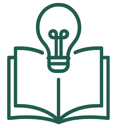 Green outline of an open book with a lightbulb above it, symbolizing knowledge and ideas.