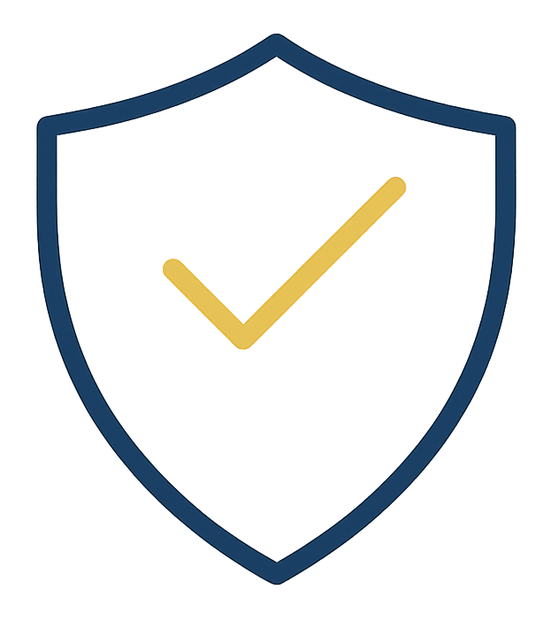 Blue shield with gold checkmark.