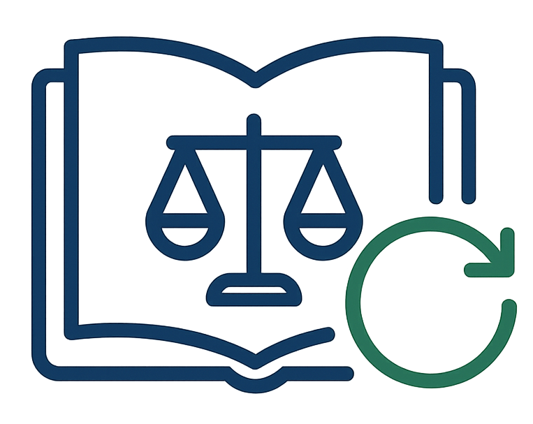 Open book with scales of justice and a circular arrow.