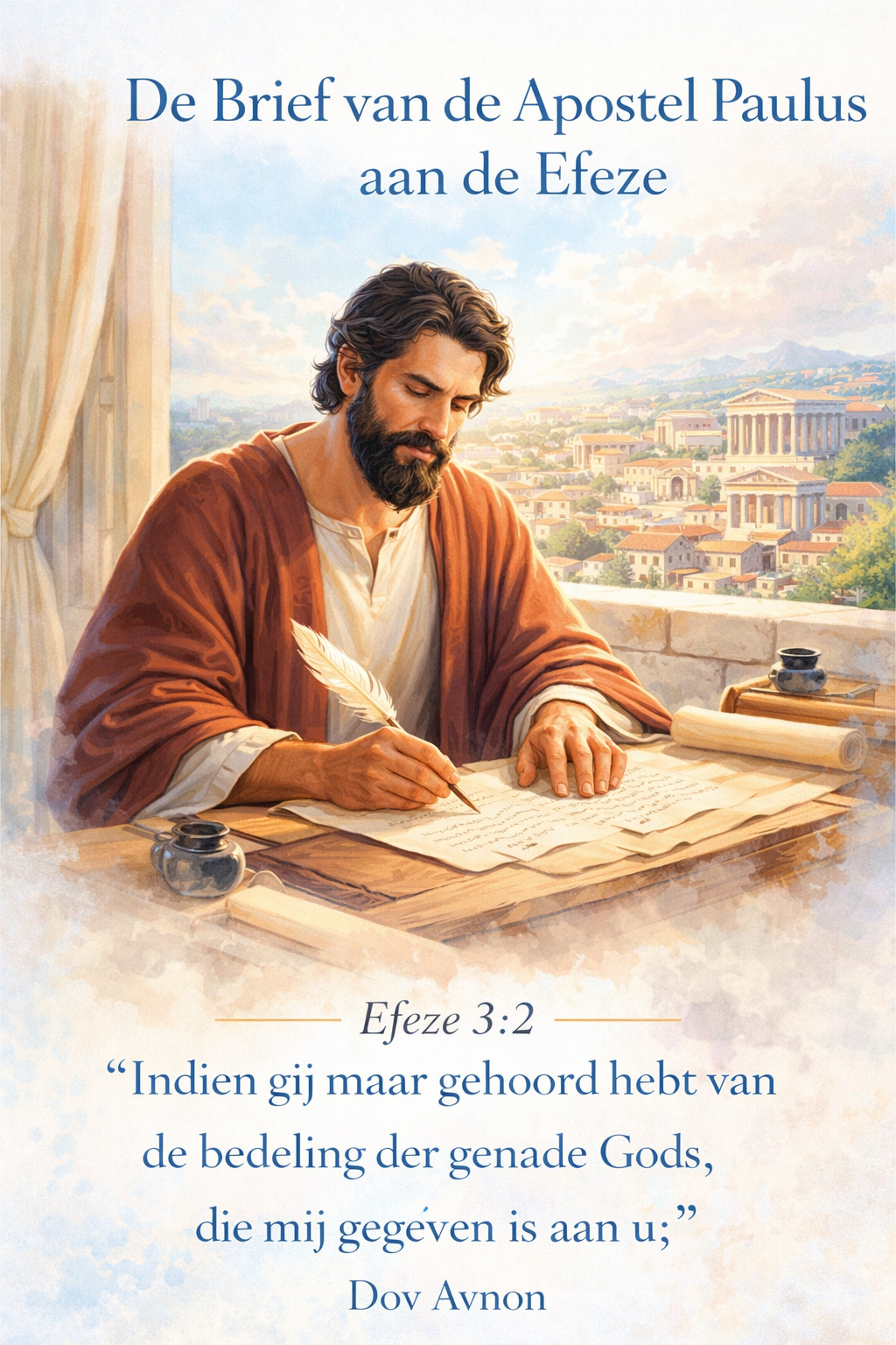 Een man schrijft aan een bureau met een ganzenveer, tegen de achtergrond van een oude stad. Tekstoverlays verwijzen naar Efeziërs 3:2.