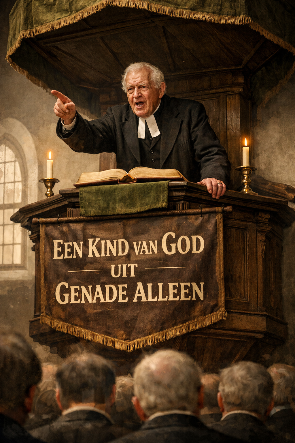 Een bejaarde dominee staat achter een houten preekstoel en gebaart terwijl hij preekt voor een gemeente. Op een bord staat: