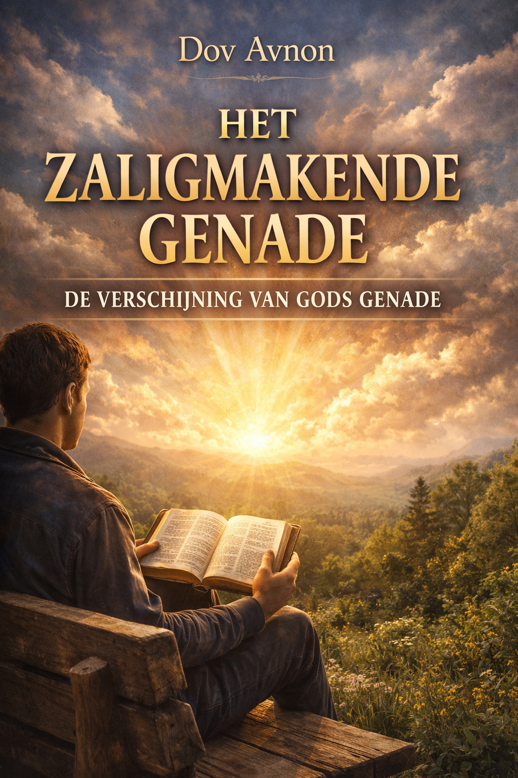 Iemand zit op een bankje een boek te lezen en kijkt uit over een beboste vallei waar de zon ondergaat. Boven de bank staat in goudkleurige letters tekst.