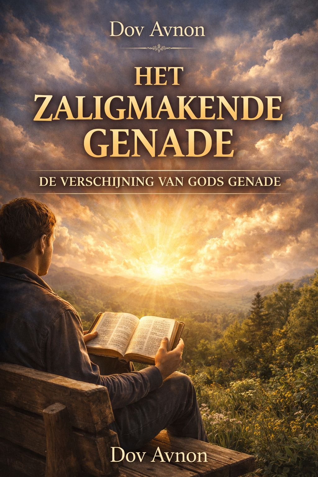 Boekcover: Iemand zit op een bankje te lezen en kijkt uit over een zonovergoten berglandschap bij zonsopgang.